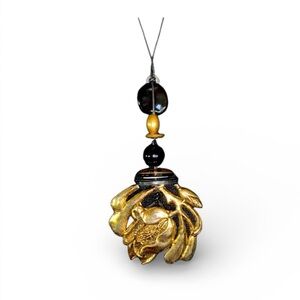 BRASS ROSE Necklace, Handcrafted black long leather cord, black/gold brass beads